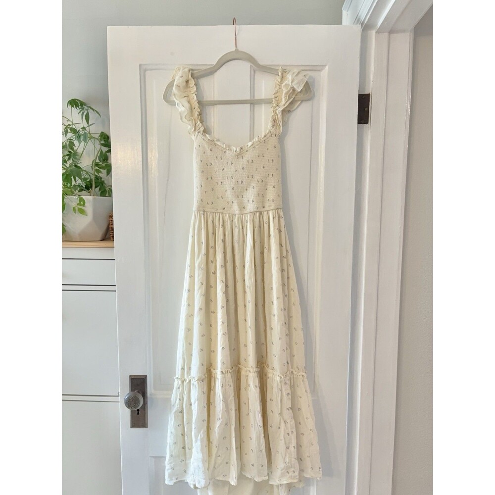 American Eagle Midi Long Dress Ivory Ruffle Smocked Floral Tiered Cottage SMALL - Picture 3 of 14